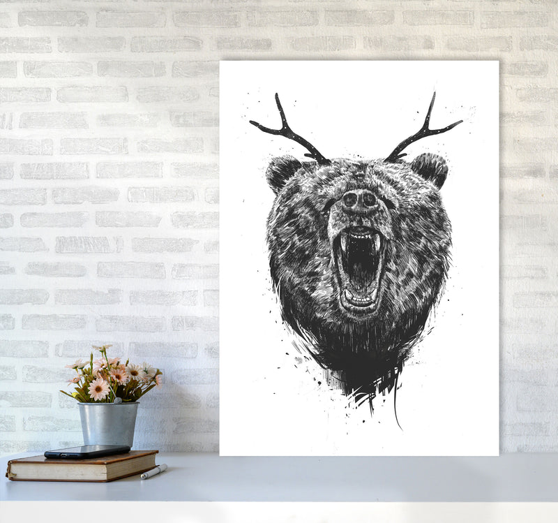 Angry Bear With Antlers Animal Art Print by Balaz Solti A1 Black Frame