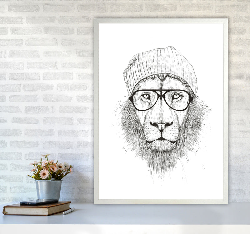 Cool Hipster Lion B&W Animal Art Print by Balaz Solti A1 Oak Frame