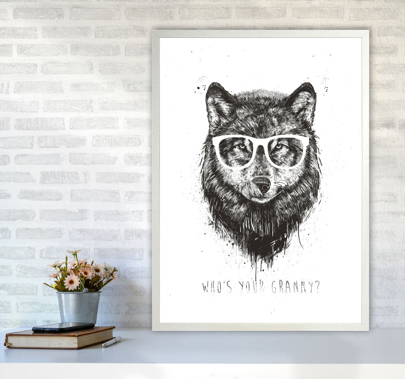 Who's Your Granny? Wolf B&W Animal Art Print by Balaz Solti A1 Oak Frame