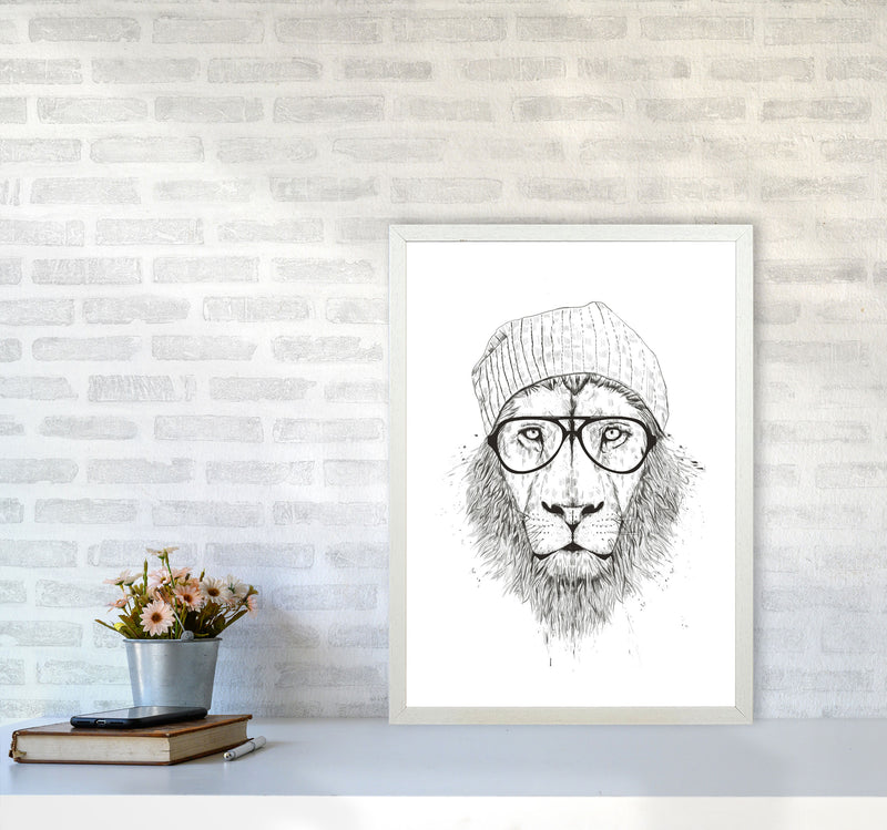 Cool Hipster Lion B&W Animal Art Print by Balaz Solti A2 Oak Frame