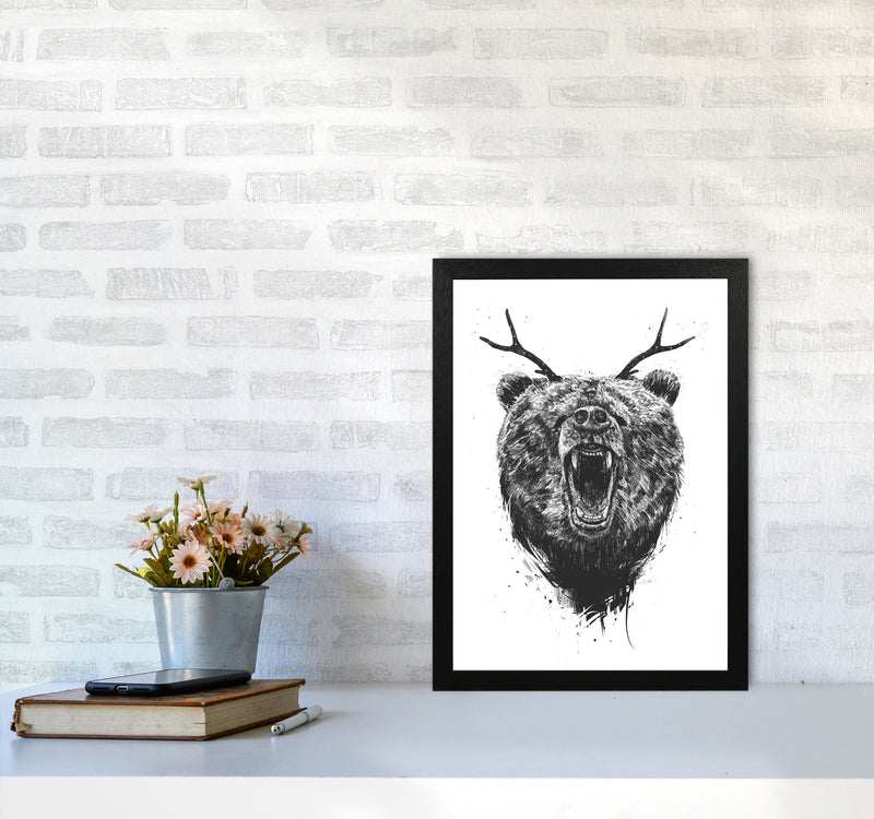 Angry Bear With Antlers Animal Art Print by Balaz Solti A3 White Frame