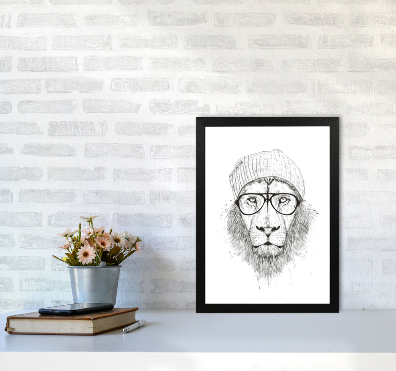 Cool Hipster Lion B&W Animal Art Print by Balaz Solti A3 White Frame