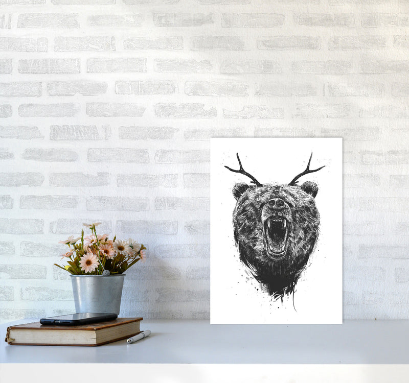 Angry Bear With Antlers Animal Art Print by Balaz Solti A3 Black Frame