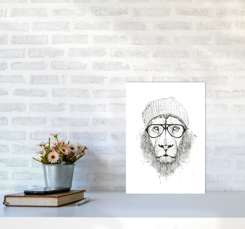Cool Hipster Lion B&W Animal Art Print by Balaz Solti A3 Black Frame