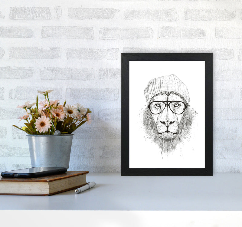 Cool Hipster Lion B&W Animal Art Print by Balaz Solti A4 White Frame