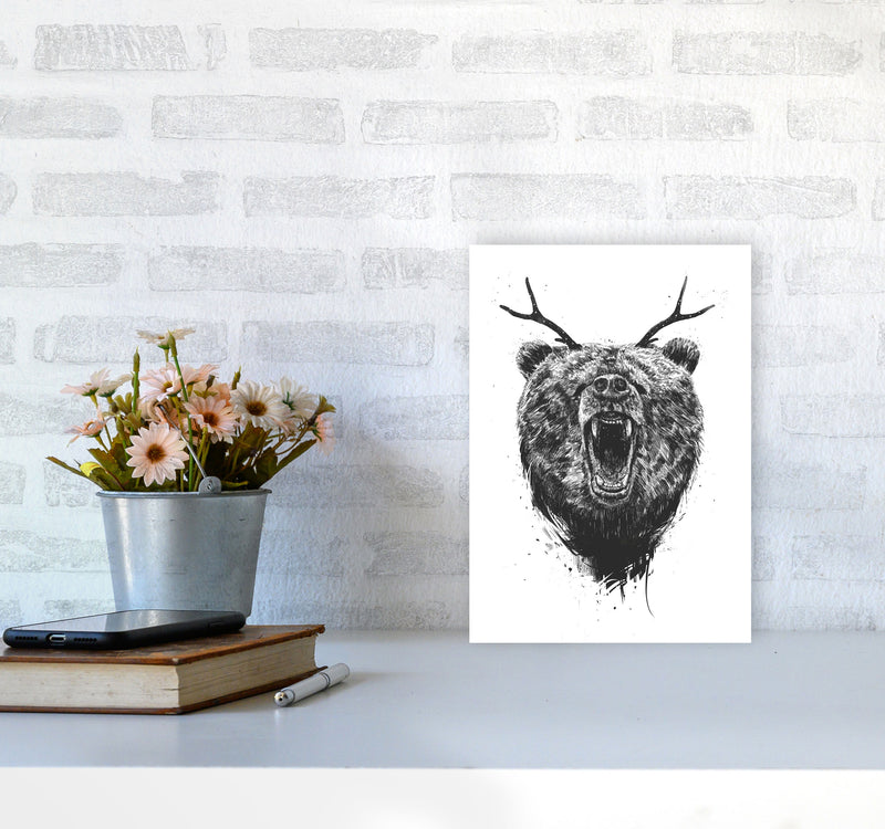 Angry Bear With Antlers Animal Art Print by Balaz Solti A4 Black Frame