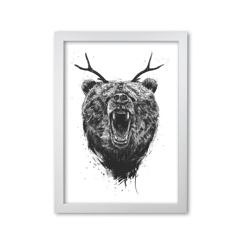 Angry Bear With Antlers Animal Art Print by Balaz Solti White Grain