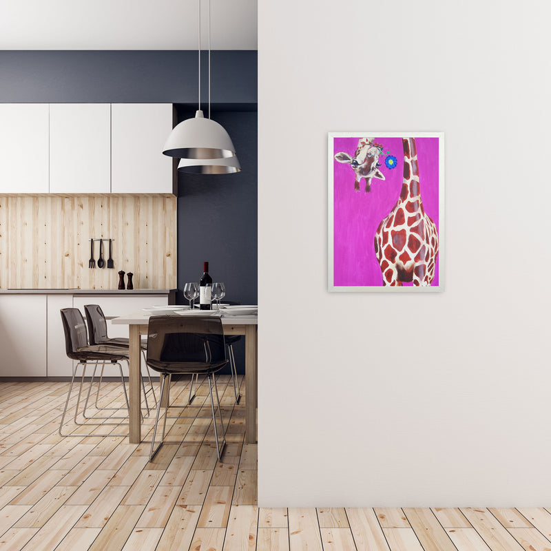 Giraffe With Blue Flower Art Print by Coco Deparis A2 Oak Frame