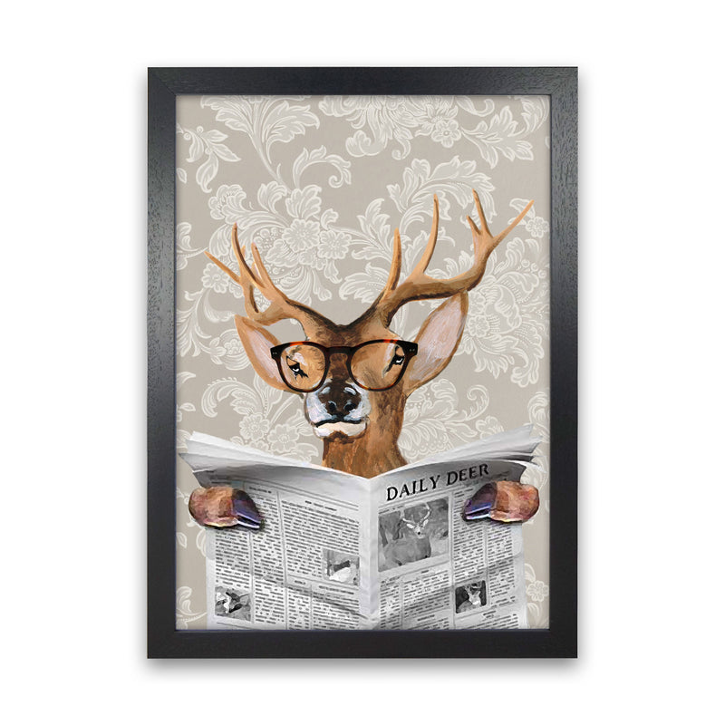 Deer Reading Newspaper Art Print by Coco Deparis Black Grain