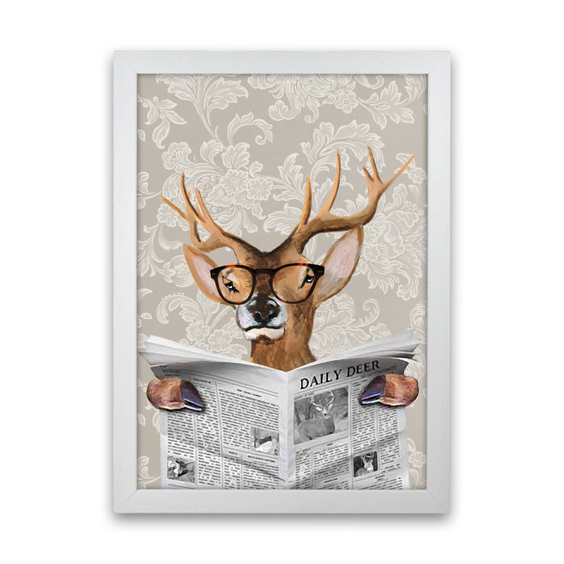 Deer Reading Newspaper Art Print by Coco Deparis White Grain