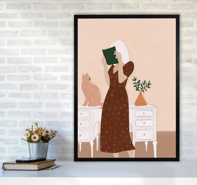 Girl Book Cat Art Print by Essentially Nomadic A1 White Frame