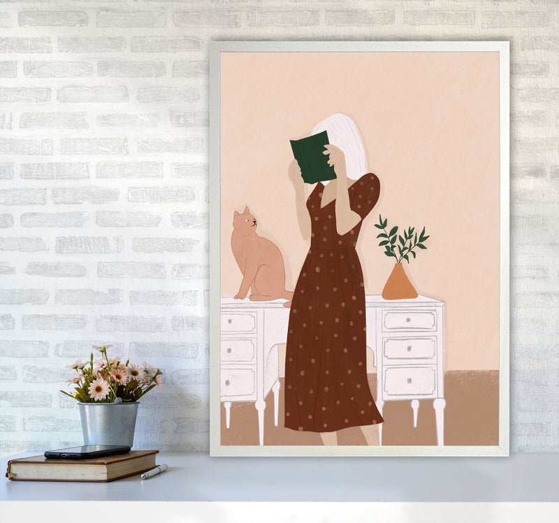Girl Book Cat Art Print by Essentially Nomadic A1 Oak Frame
