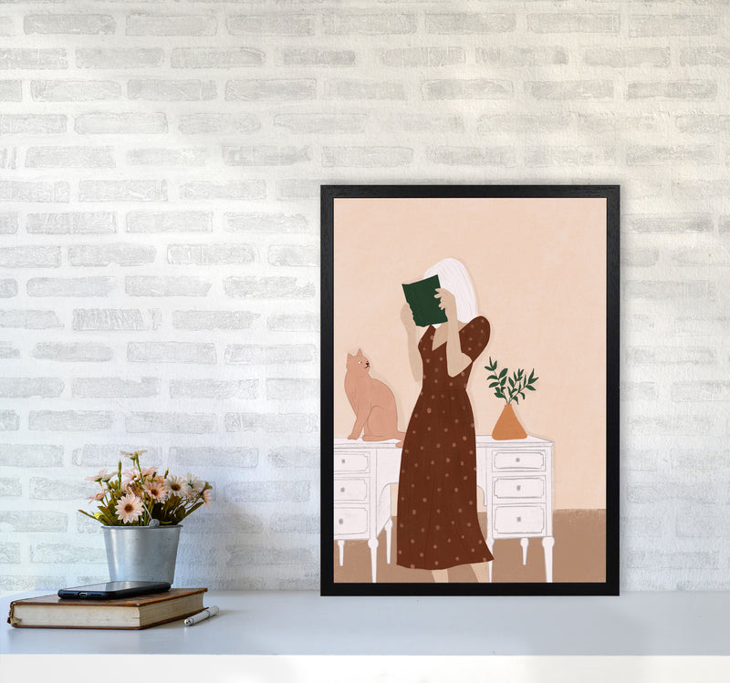Girl Book Cat Art Print by Essentially Nomadic A2 White Frame