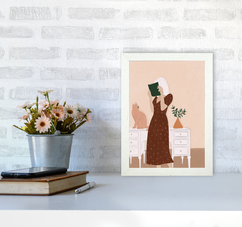 Girl Book Cat Art Print by Essentially Nomadic A4 Oak Frame