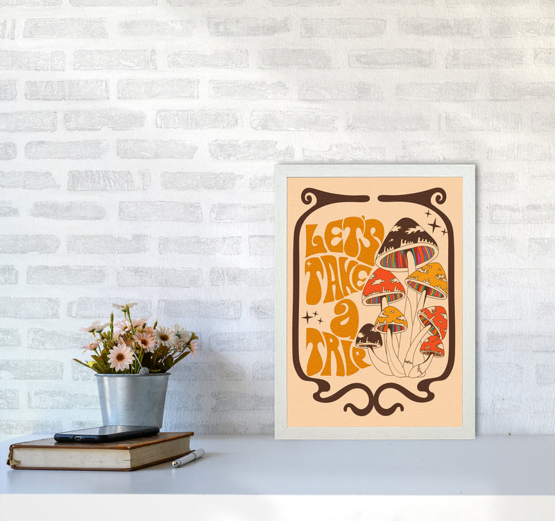 Mushies Bordered - Orange Brown Cream - A2-01 Art Print by Inktally A3 Oak Frame