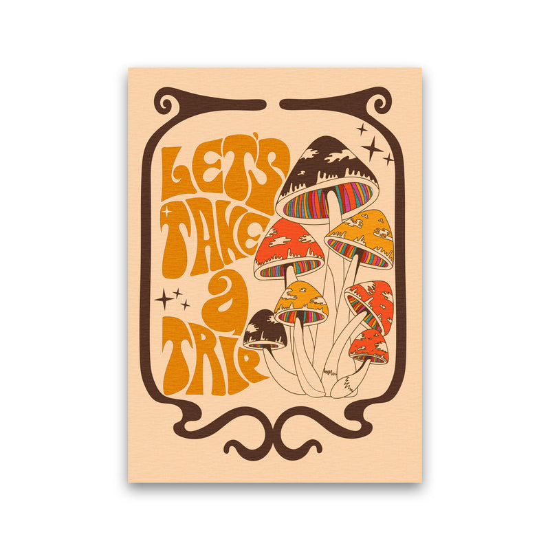 Mushies Bordered - Orange Brown Cream - Psychedelic Illustration Art Print by Inktally Print Only