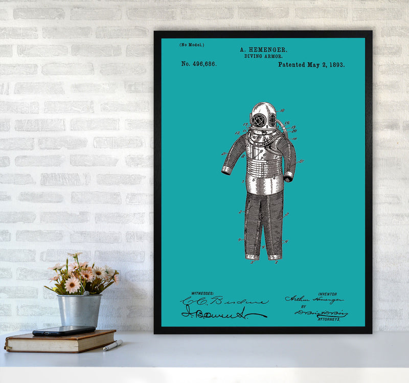 Diving Armor Patent Blue Art Print by Jason Stanley A1 White Frame