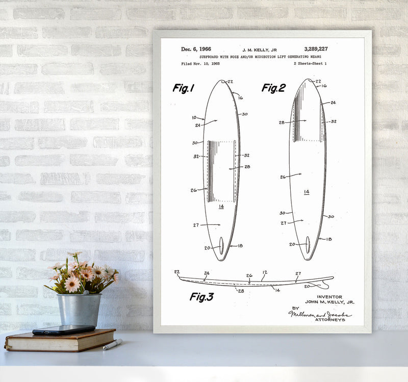 Surfboard Patent White Art Print by Jason Stanley A1 Oak Frame