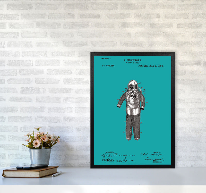 Diving Armor Patent Blue Art Print by Jason Stanley A2 White Frame