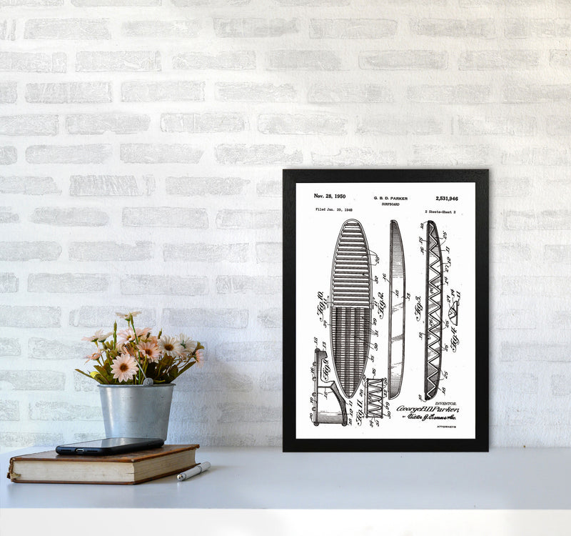 Surfboard Patent Design Art Print by Jason Stanley A3 White Frame