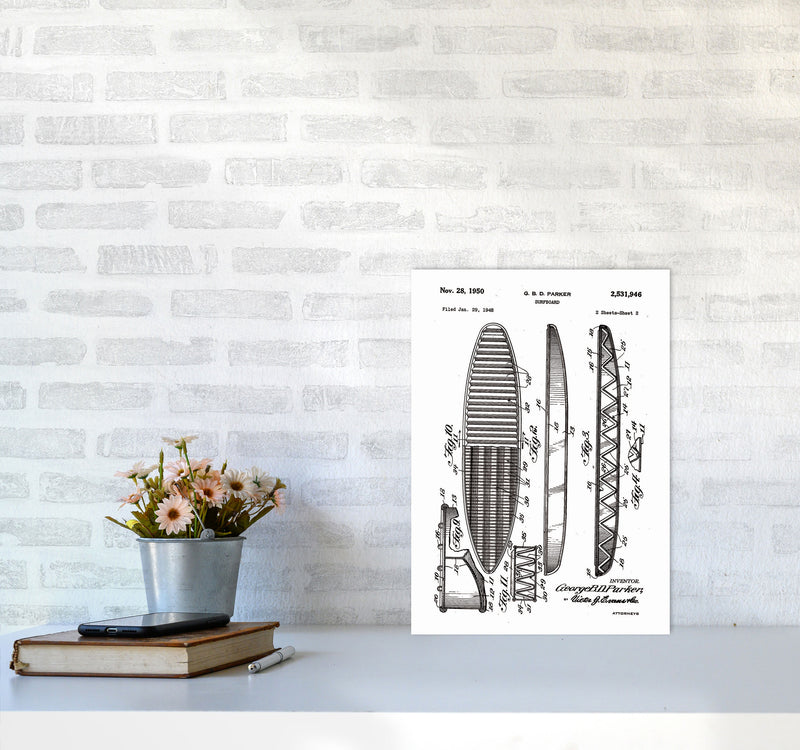 Surfboard Patent Design Art Print by Jason Stanley A3 Black Frame