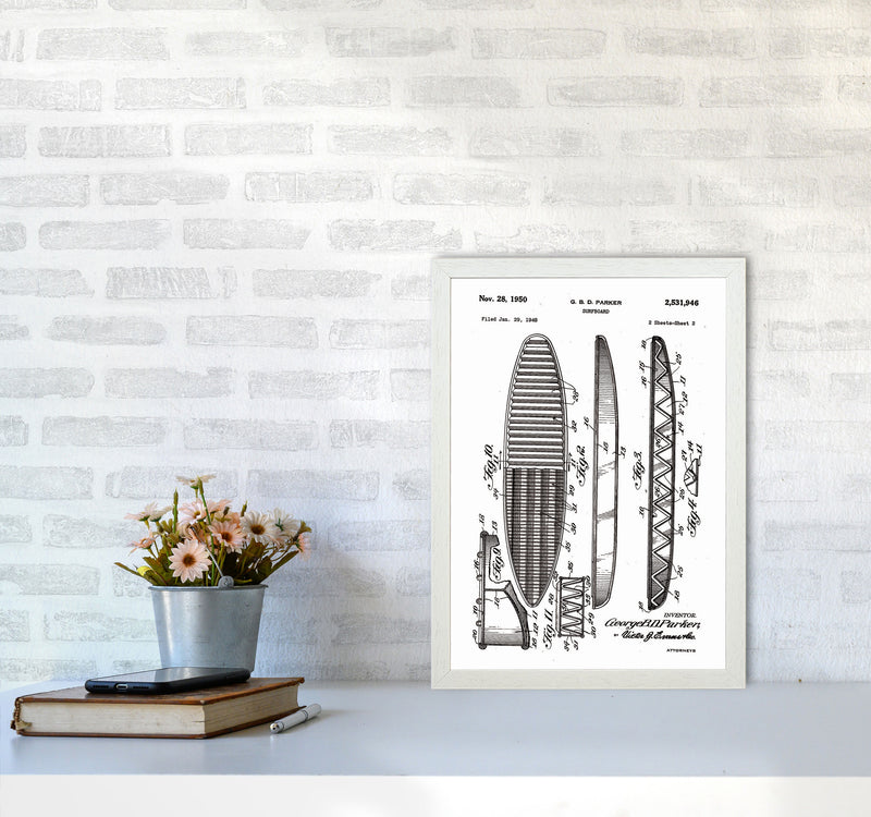 Surfboard Patent Design Art Print by Jason Stanley A3 Oak Frame
