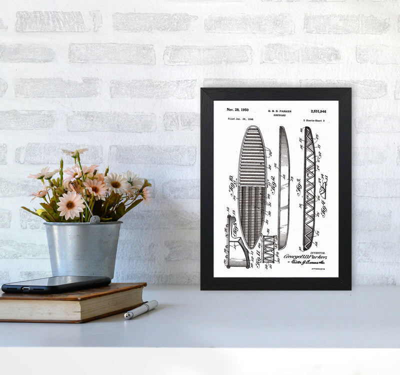 Surfboard Patent Design Art Print by Jason Stanley A4 White Frame