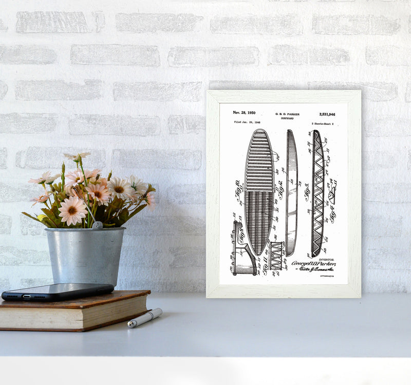 Surfboard Patent Design Art Print by Jason Stanley A4 Oak Frame