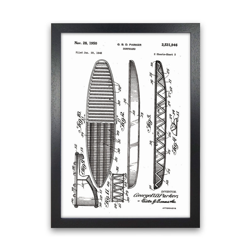 Surfboard Patent Design Art Print by Jason Stanley Black Grain