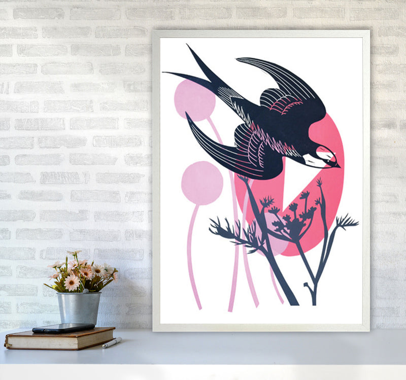 Swallow & Wild Fennel postcard Art Print by Kate Heiss A1 Oak Frame
