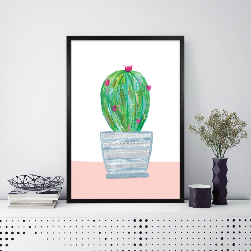 Laura Irwin Painted Cactus in Blue Stripe Plant Pot A1 Black with White Mount