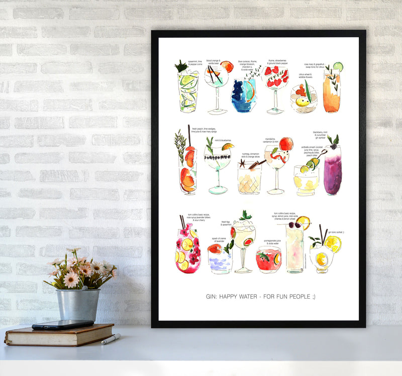 Gin: Happy Water - For Fun People, Kitchen Food & Drink Art Prints A1 White Frame