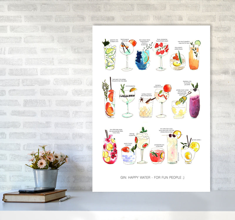 Gin: Happy Water - For Fun People, Kitchen Food & Drink Art Prints A1 Black Frame