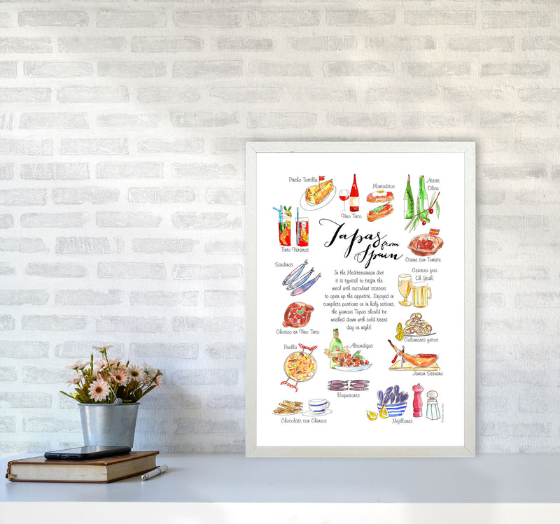 Spanish Tapas Ingredients, Kitchen Food & Drink Art Prints A2 Oak Frame