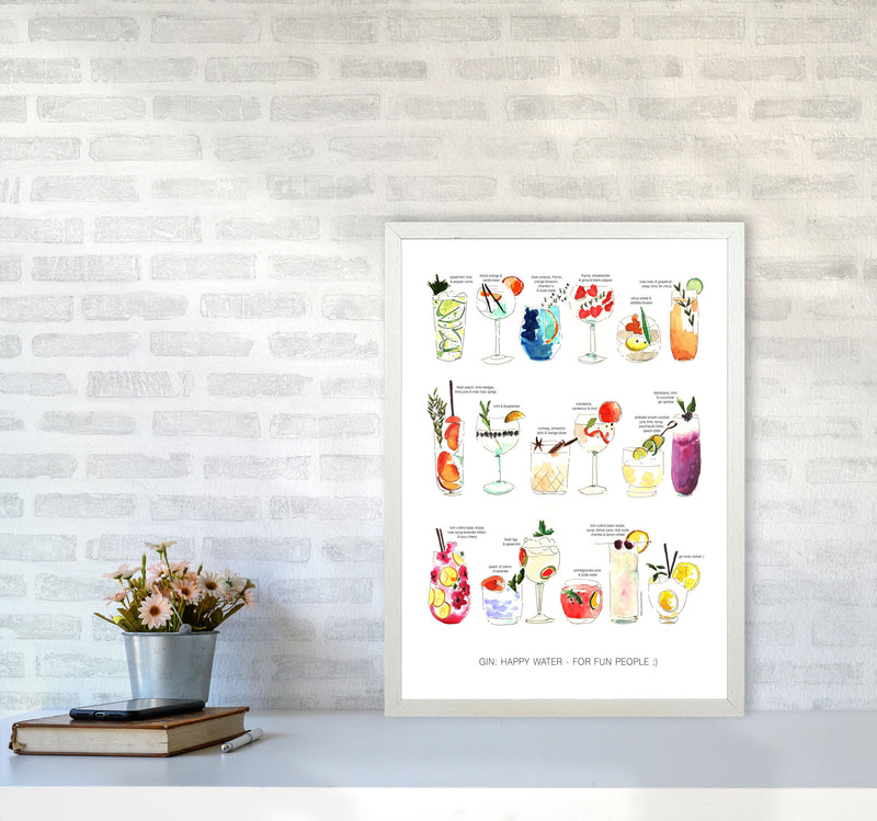 Gin: Happy Water - For Fun People, Kitchen Food & Drink Art Prints A2 Oak Frame