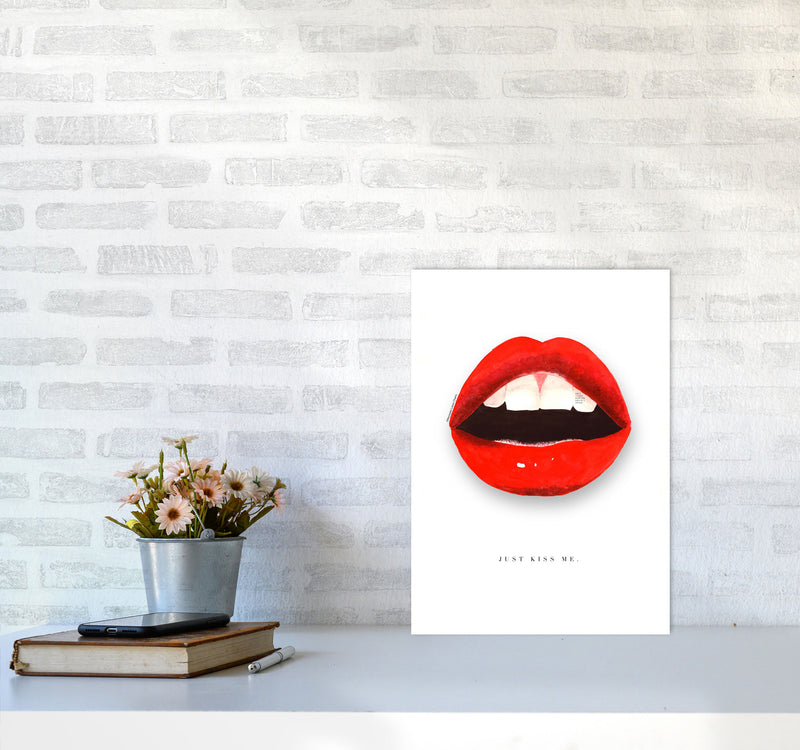 Just Kiss Me Lips Modern Fashion Print A3 Black Frame
