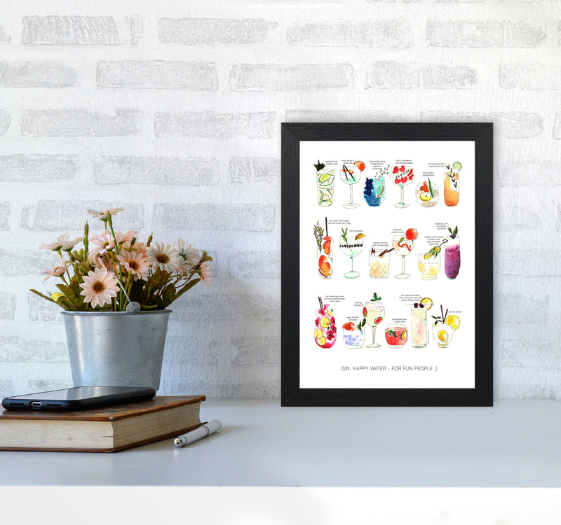 Gin: Happy Water - For Fun People, Kitchen Food & Drink Art Prints A4 White Frame