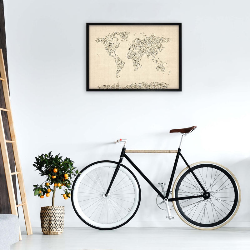 Music Notes Map of the World Art Print by Michael Tompsett A1 White Frame