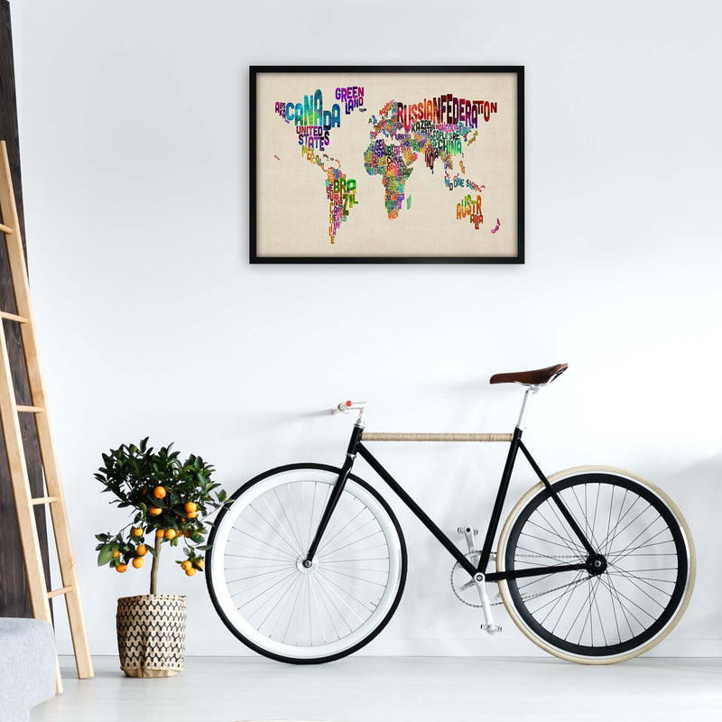 Text Map of the World Art Print by Michael Tompsett A1 White Frame