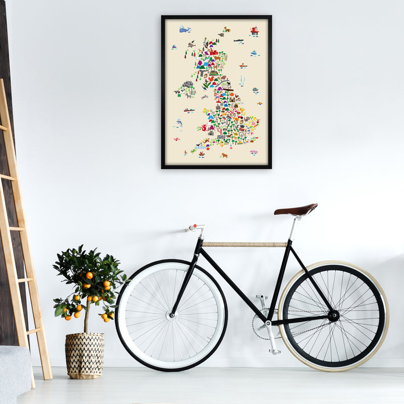 Animal Map of Great Britain Beige Print by Michael Tompsett A1 White Frame