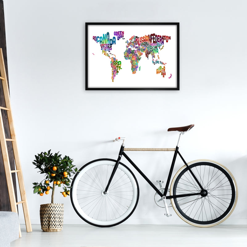Text Map of the World Colour Art Print by Michael Tompsett A1 White Frame