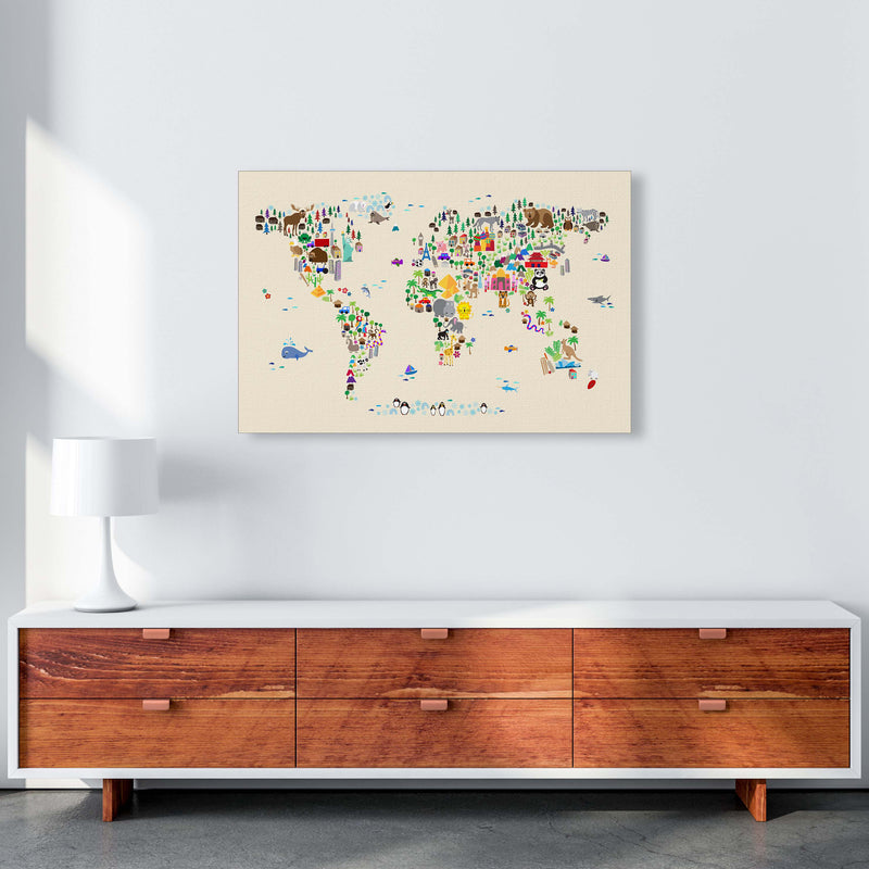 Animal Map of the World Beige Art Print by Michael Tompsett A1 Canvas