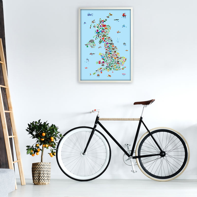 Animal Map of Great Britain Blue Print by Michael Tompsett A1 Oak Frame
