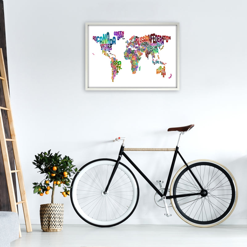 Text Map of the World Colour Art Print by Michael Tompsett A1 Oak Frame