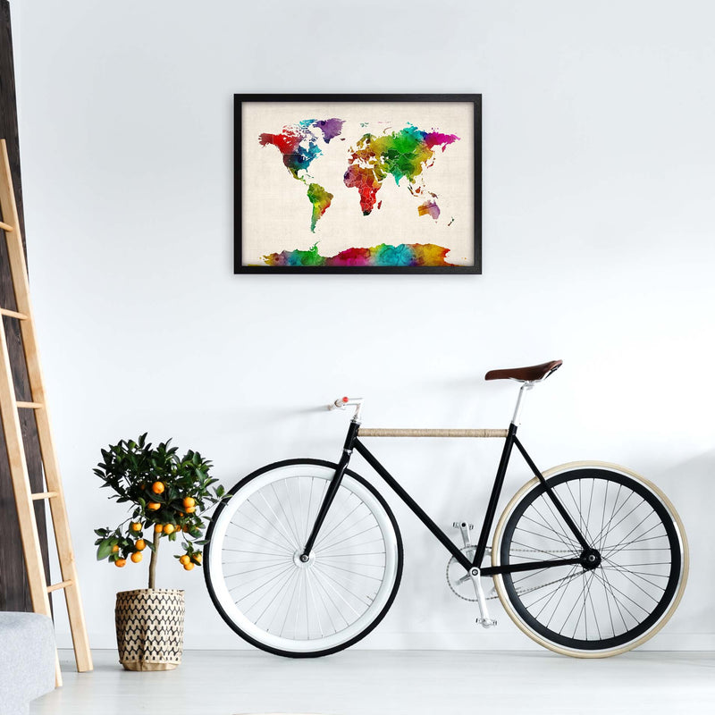 World Map Watercolour with Borders Print by Michael Tompsett A2 White Frame