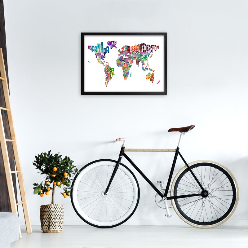 Text Map of the World Colour Art Print by Michael Tompsett A2 White Frame