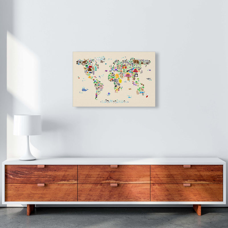 Animal Map of the World Beige Art Print by Michael Tompsett A2 Canvas