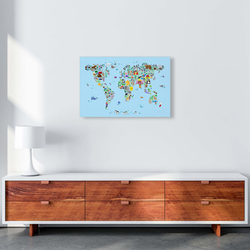 Animal Map of the World Blue Art Print by Michael Tompsett A2 Canvas