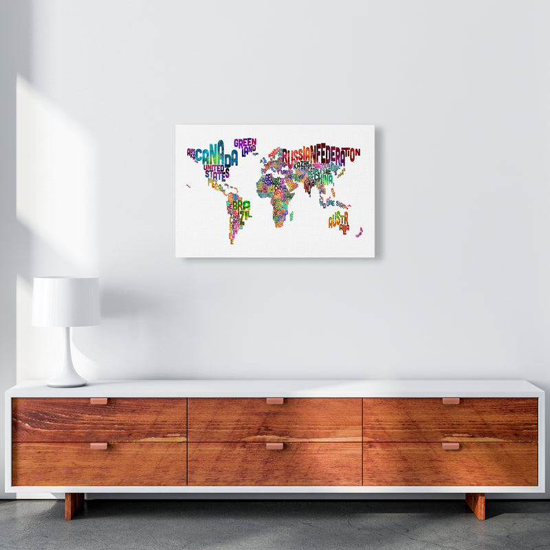 Text Map of the World Colour Art Print by Michael Tompsett A2 Canvas