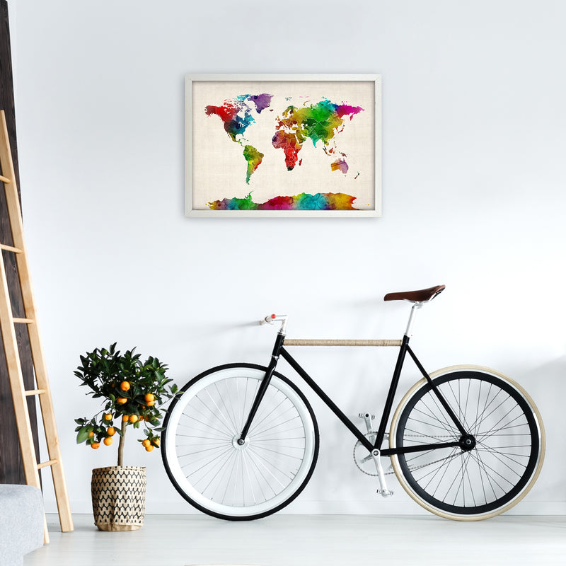 World Map Watercolour with Borders Print by Michael Tompsett A2 Oak Frame